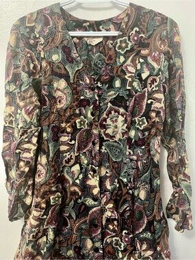 Vintage Printed Paisley Button-Front Long Sleeve Dress
